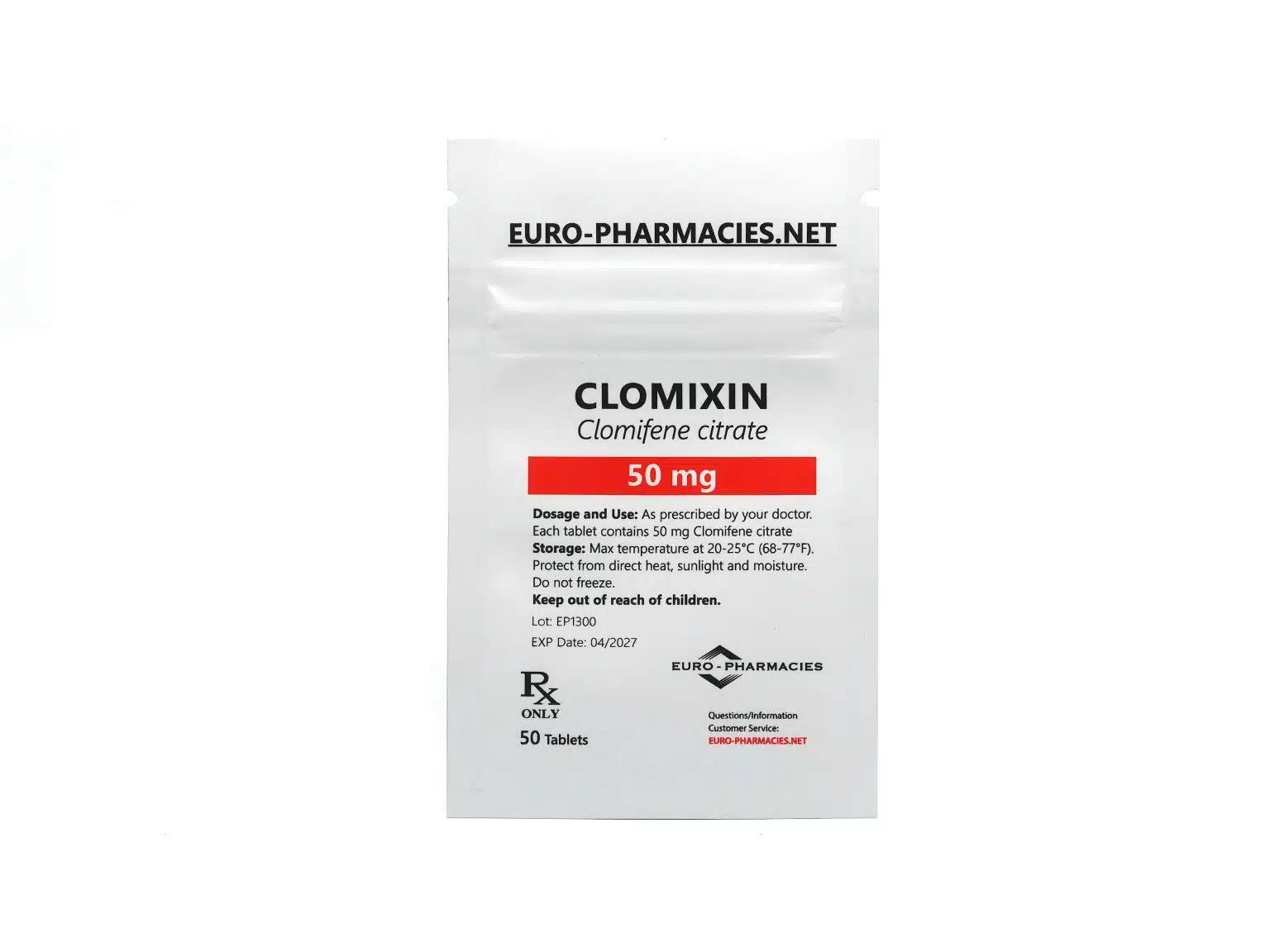 Euro Pharmacies Clomixin Clomid 50mg tablets bag with 50 tablets
