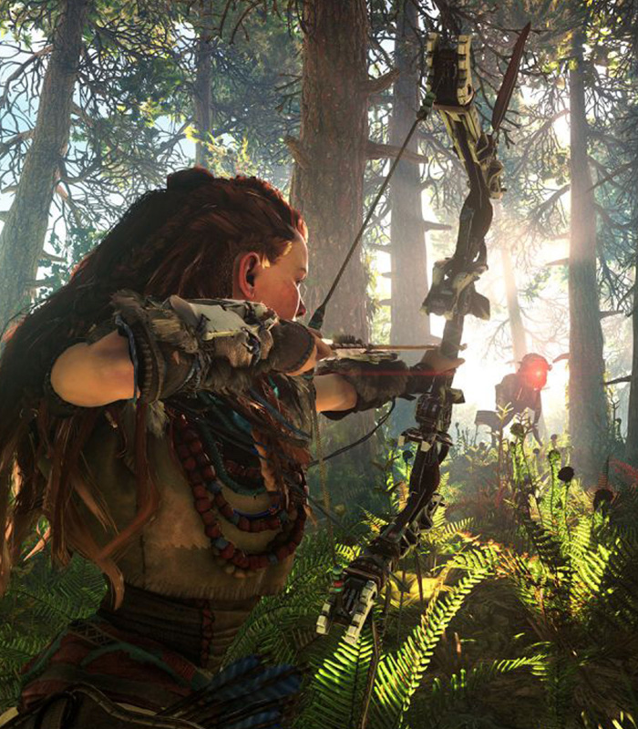 Horizon Zero Dawn gameplay screenshot with robotic dinosaur